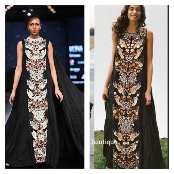 SAMANT CHAUHAN Anthropologie Black Embroidered Oversized Maxi Dress Size 4 NWT - Picture 1 of 16